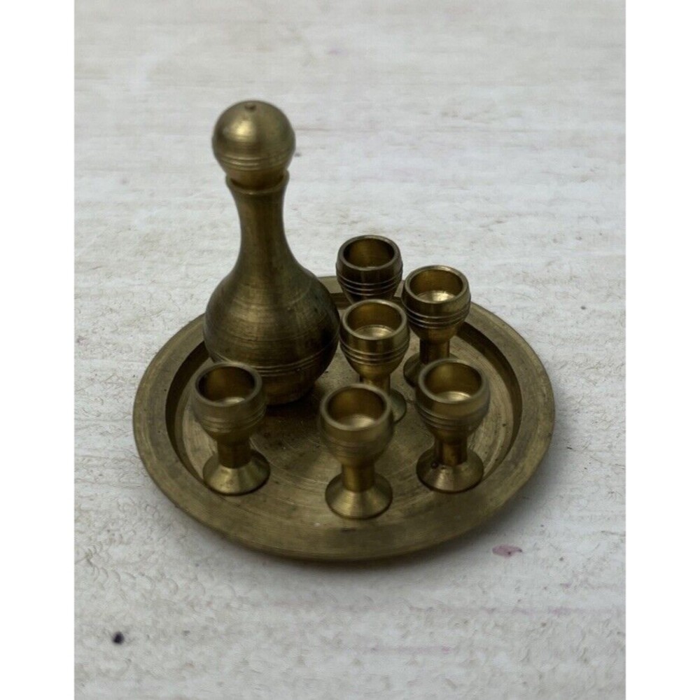 Dollhouse Miniature 8 pc Brass Wine Set, Tray Rare Vtg Goblets & Decanter